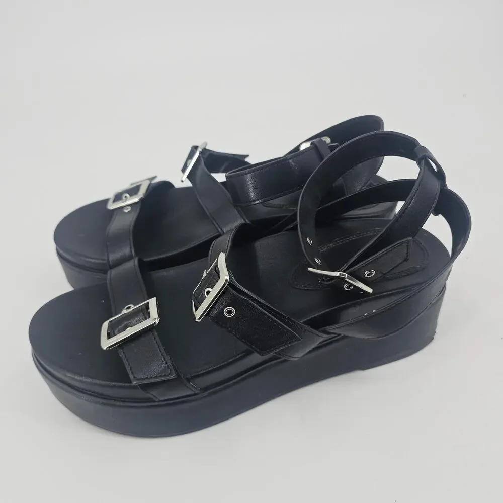 ASOS Black Trombone Platform Chunky Strappy Buckle Sandal Women's 8 Goth Punk - Picture 4 of 10
